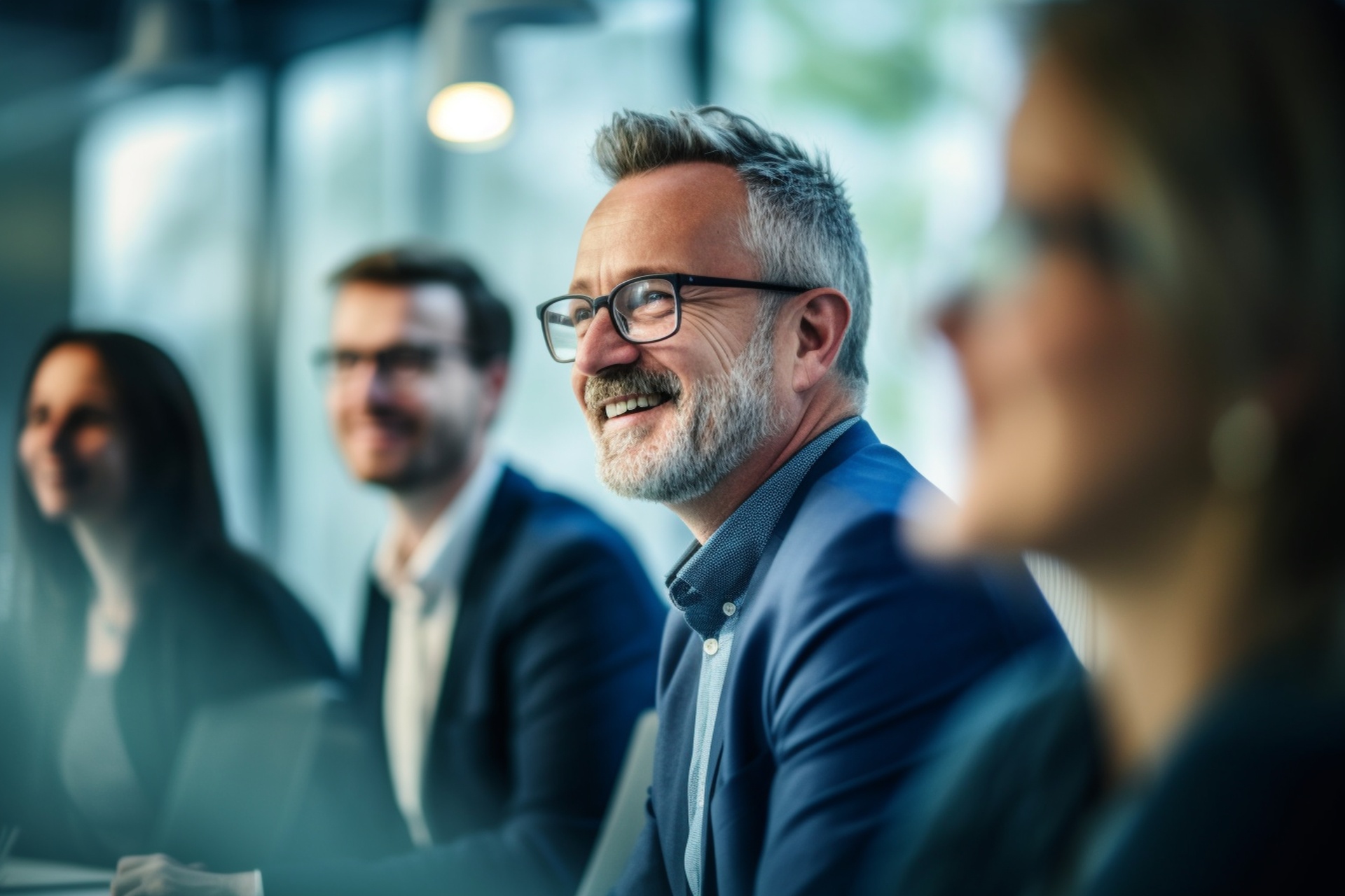businessman in glasses at a meeting with colleagues