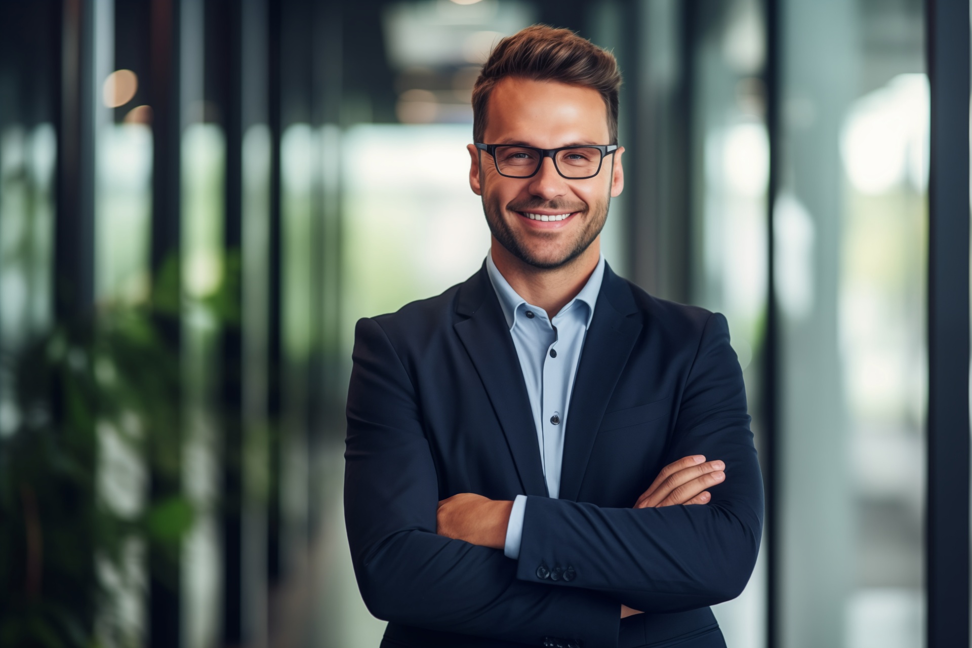 businessman in suit with glasses standing confidently arms crossed