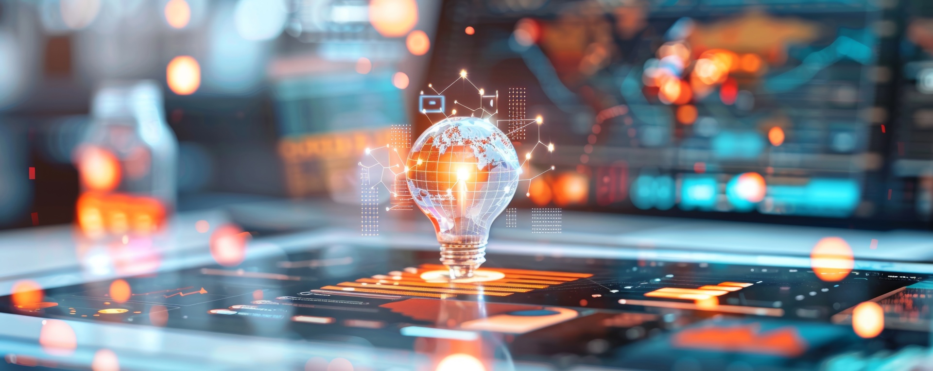 Glowing light bulb with digital globe and data graphics on a screen
